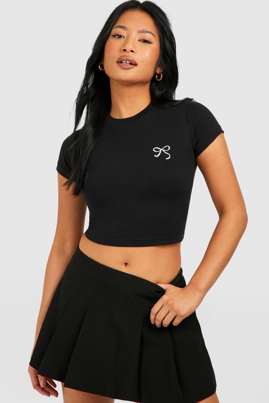 Black Petite Bow Embroidered Baby Tee 