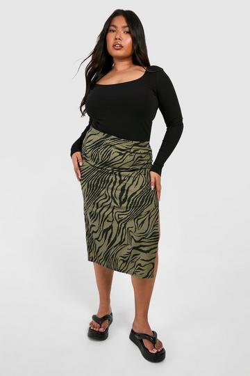 Khaki Plus Zebra Print Rib Side Split Midi Skirt