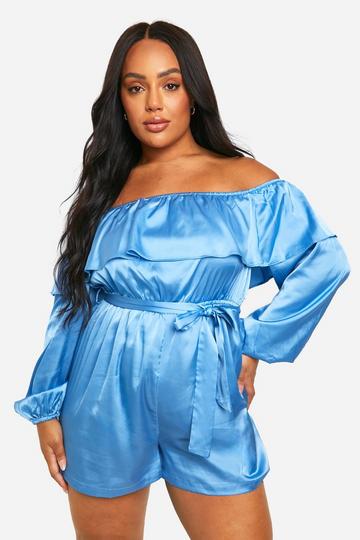 Plus Satin Frill Bardot Playsuit bright blue