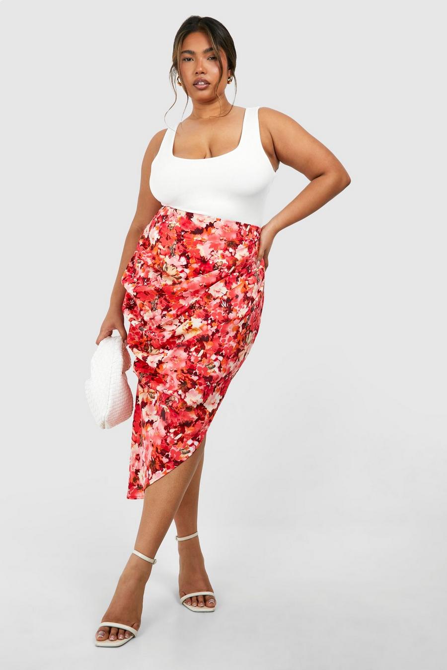 Gonna longuette Plus Size con stampa a fiori e ruches, Pink image number 1