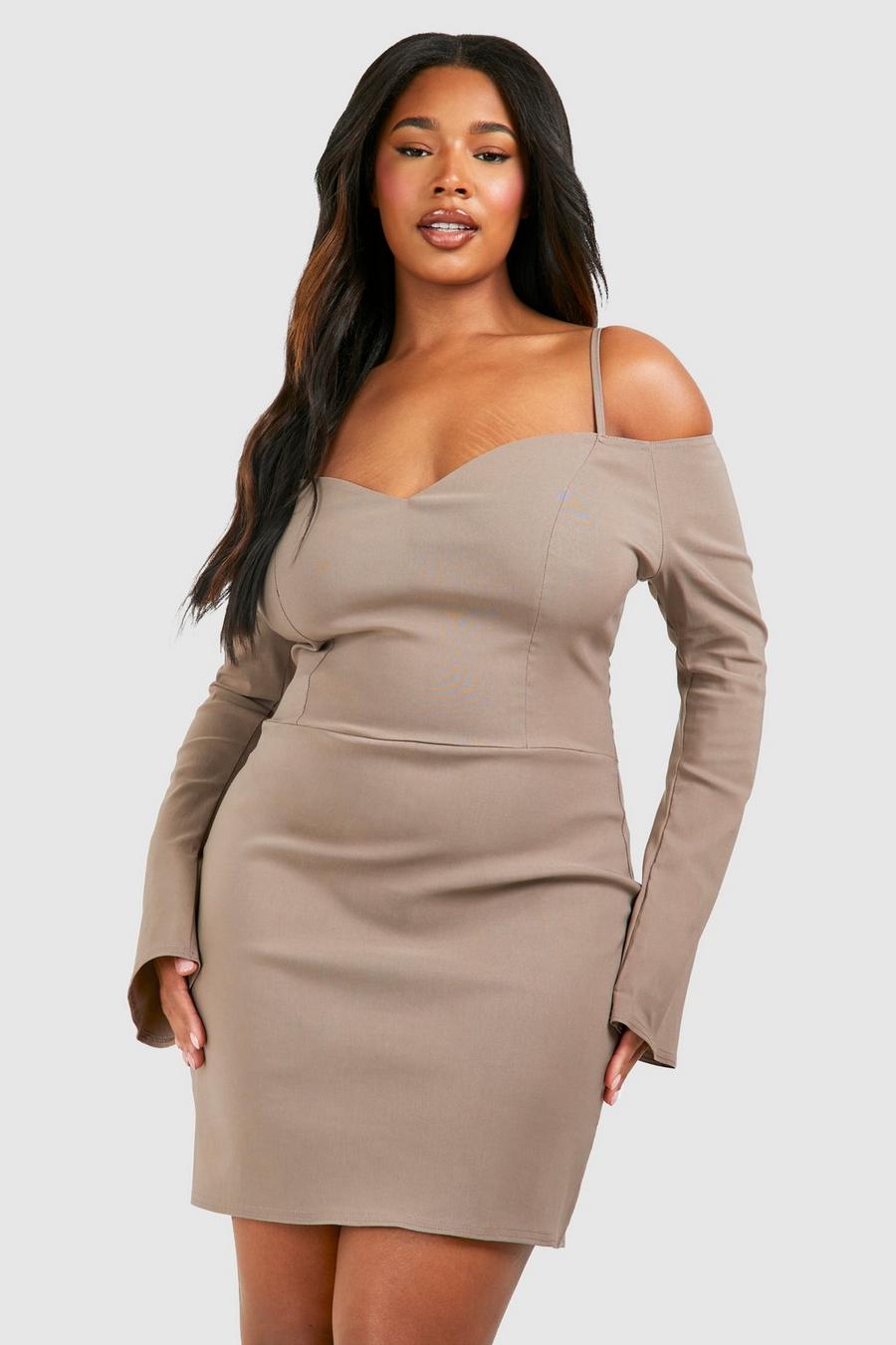 Taupe Plus Bengaline Off The Shoulder Long Sleeve Mini Dress  image number 1