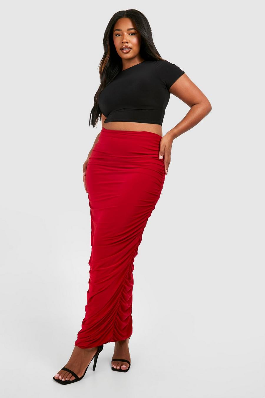 Red Plus Ruched Slinky Maxi Skirt image number 1