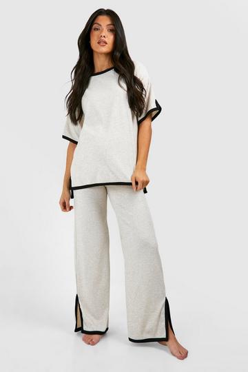 Maternity Contrast Binding Rib Loungewear Set oatmeal