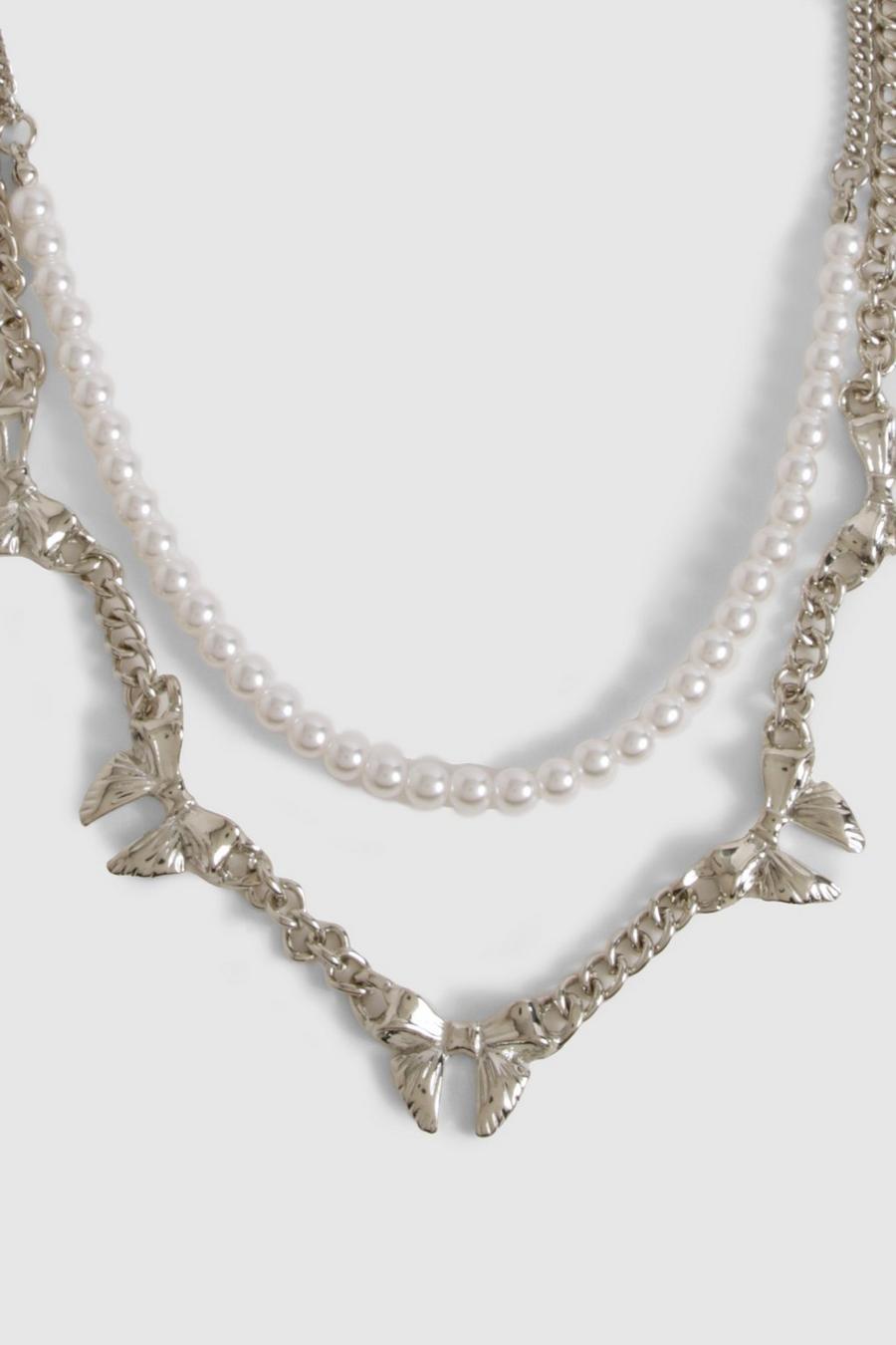 Silver Pearl & Bow Chain Layered Necklace 