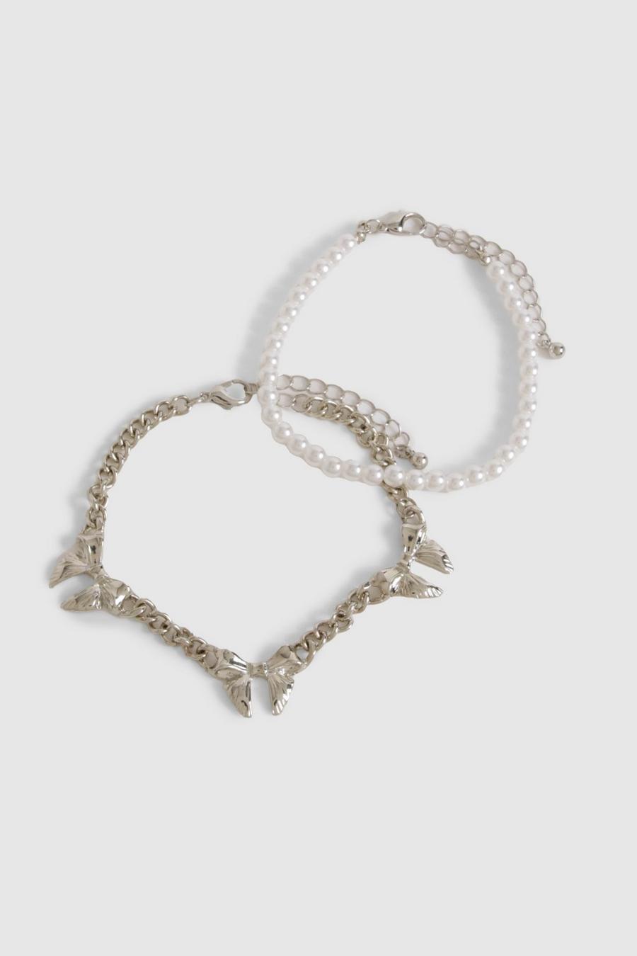 Silver Pearl & Bow Chain Layered Bracelets