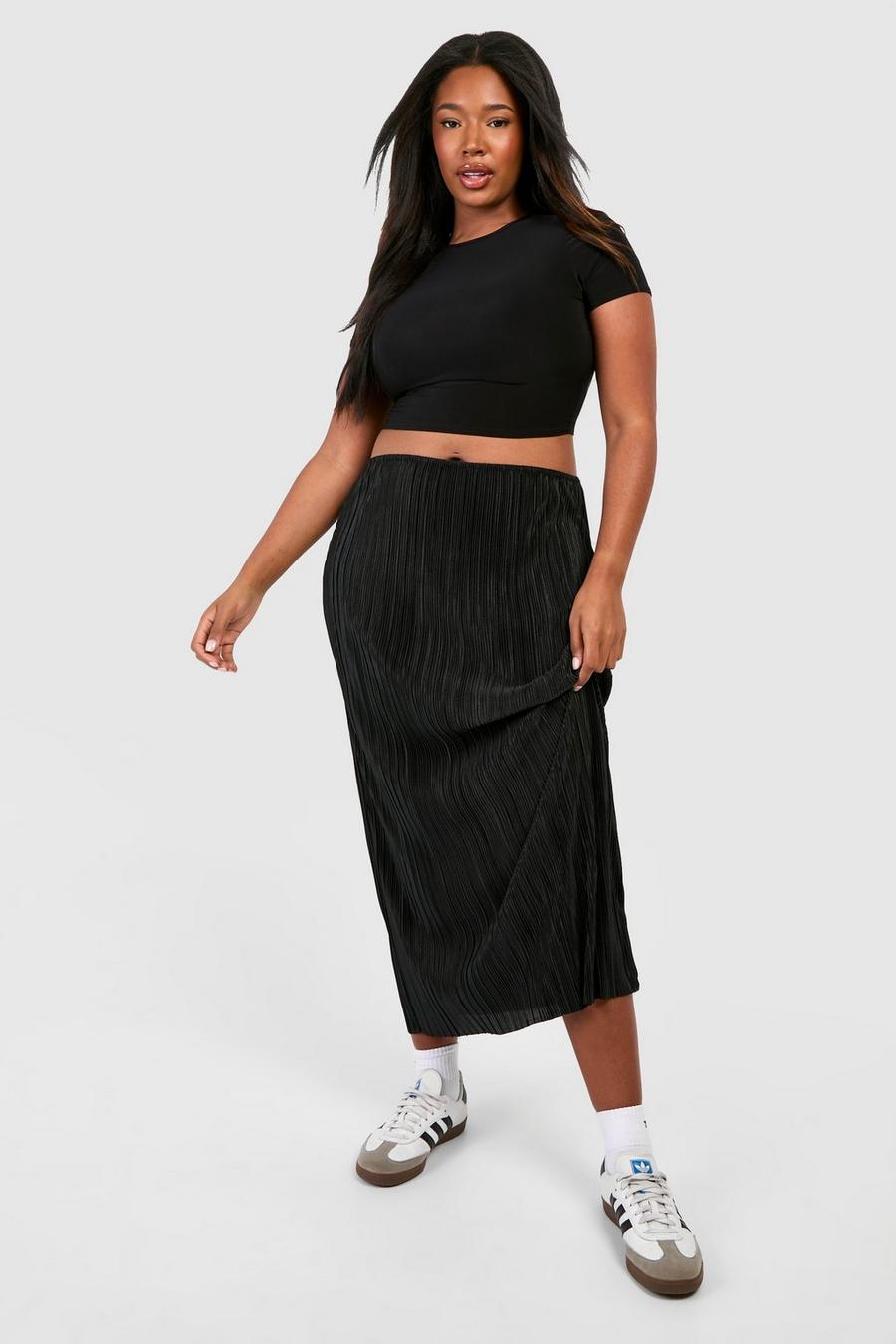 Black Plus Plisse Column Midi Skirt