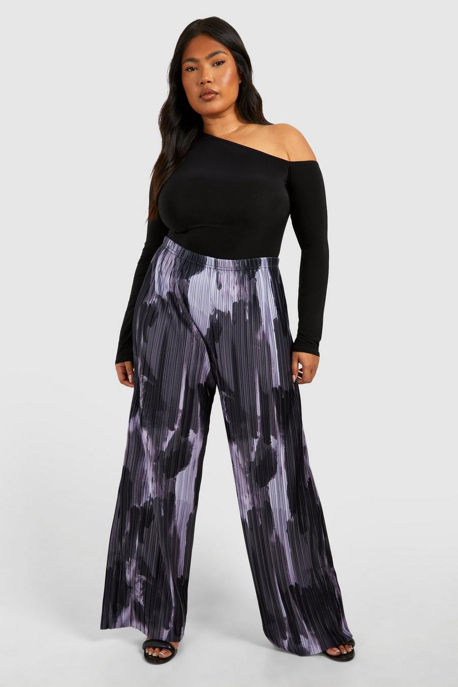 Grande taille - Pantalon large plissé à imprimé abstrait, Charcoal image number 1