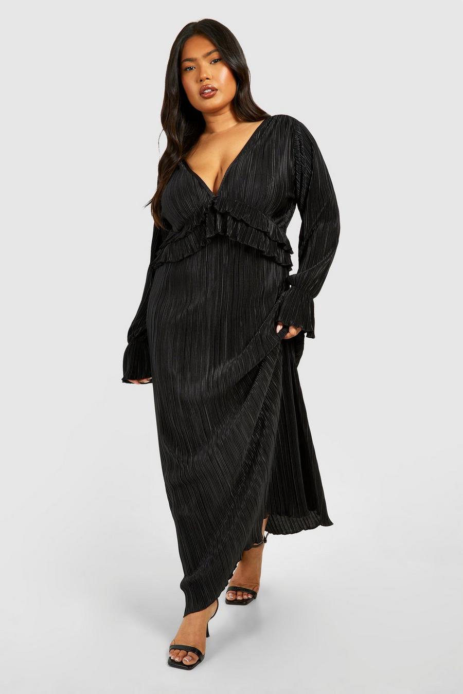 Black Plus Plisse Long Sleeve Ruffle Detail Maxi Dress image number 1