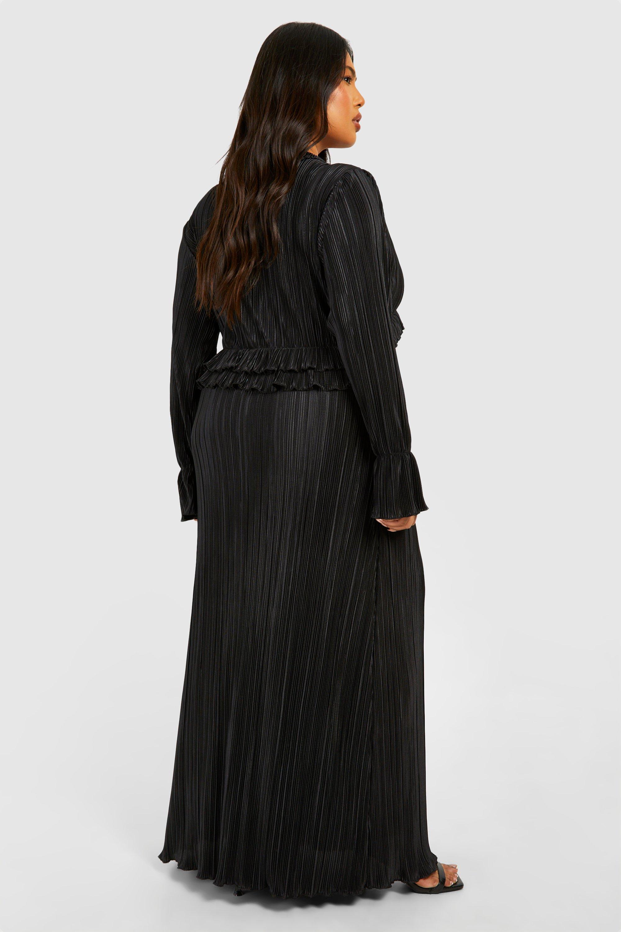 Women's Plisse Long Sleeve Ruffle Detail Maxi Dress