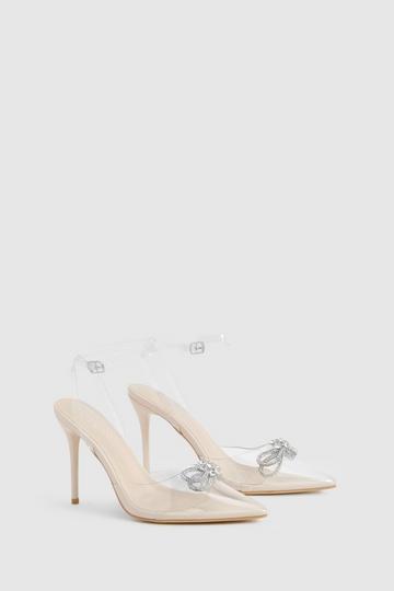 Wide Fit Bow Embellished Clear Slingback Court Heels nude