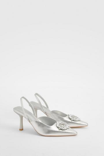 Wide Fit Metallic Embellished Slingback Court Heels silver