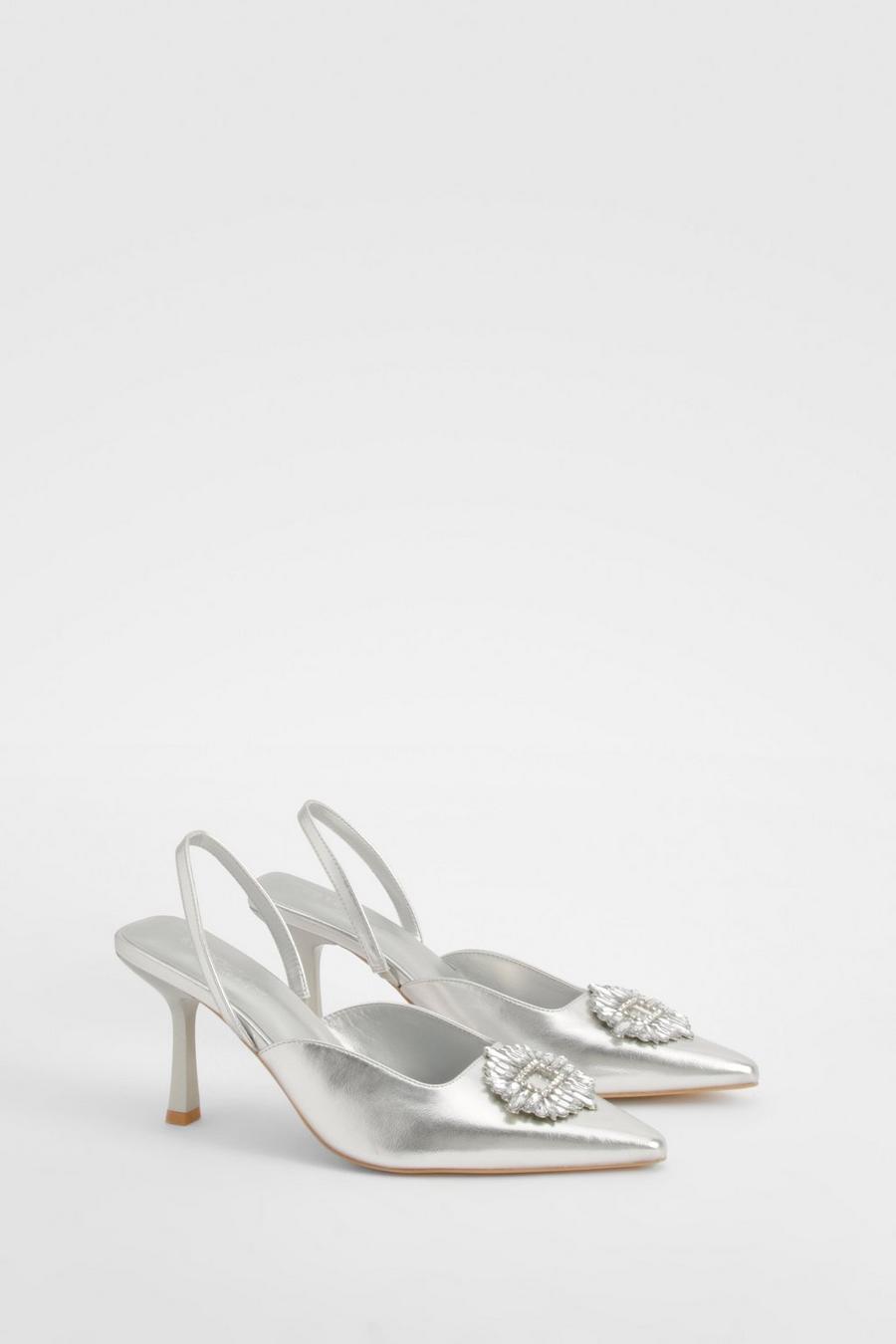 Silver Wide Fit Metallic Embellished Slingback Court Heels image number 1