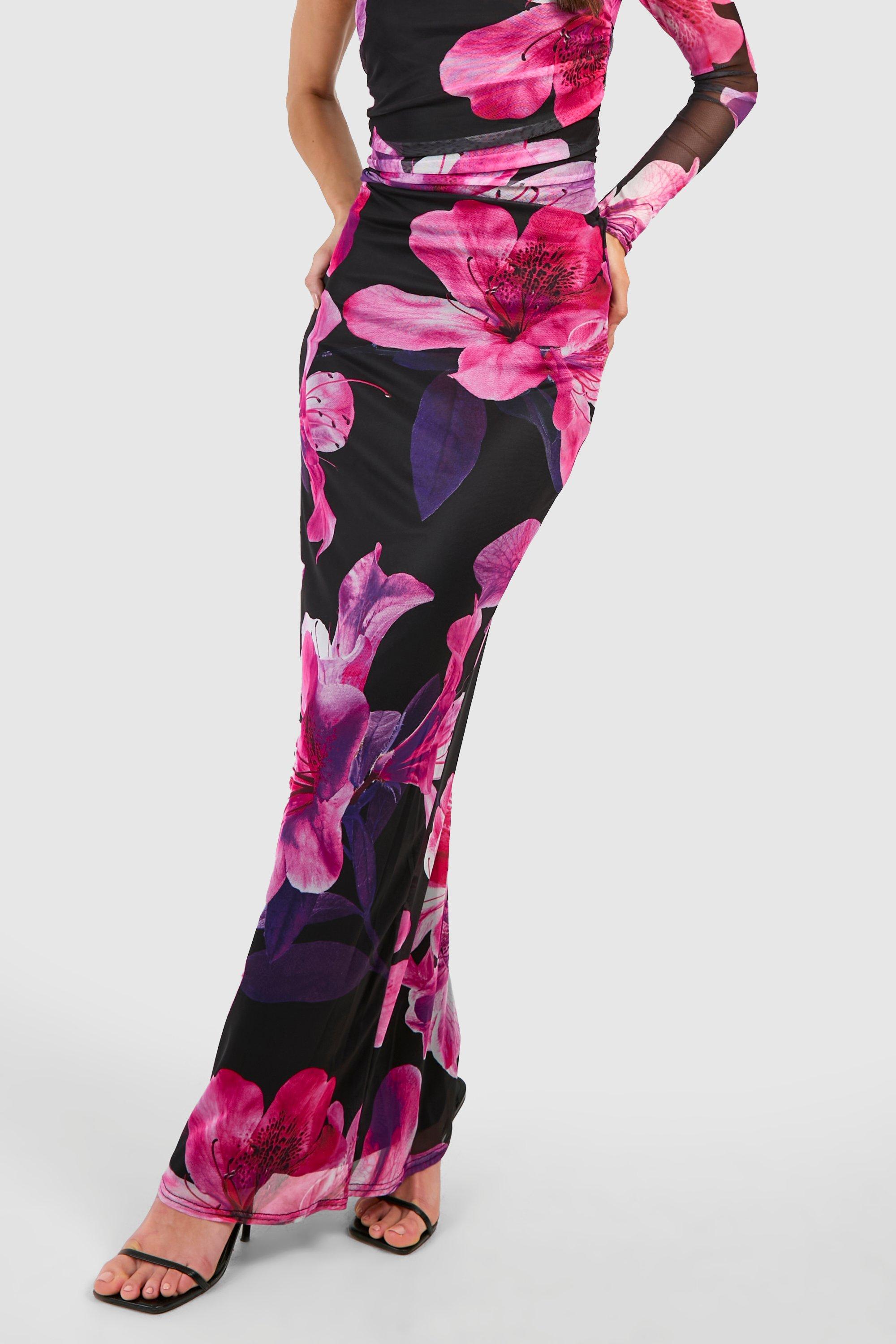 Black & Pink Floral Printed Maxi Flared Skirt
