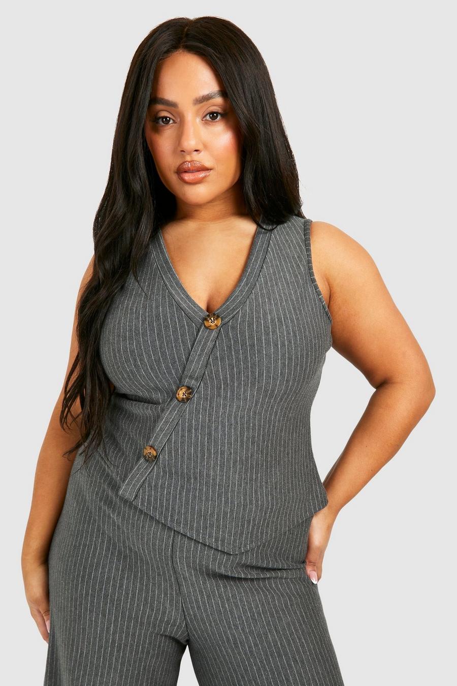 Gilet Plus Size asimmetrico a righe verticali, Grey image number 1