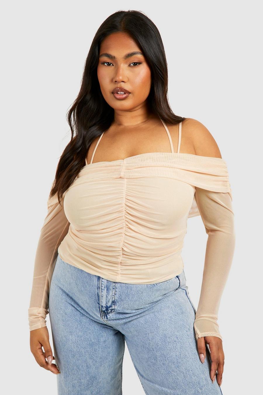 Stone Plus Off The Shoulder Mesh Ruched Top image number 1
