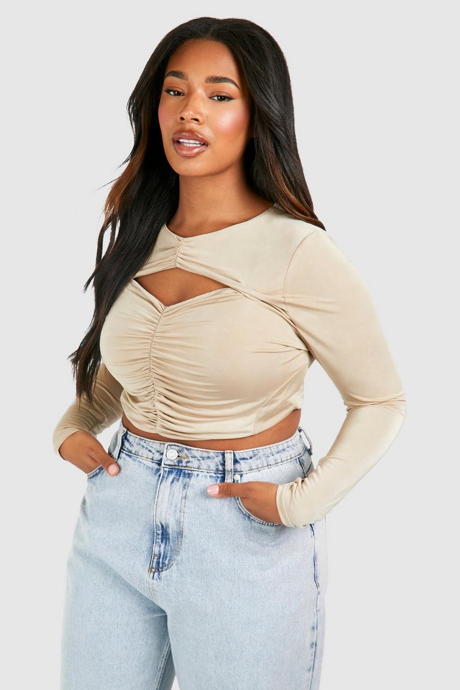 Taupe Plus Ruched Slinky Corset Top 