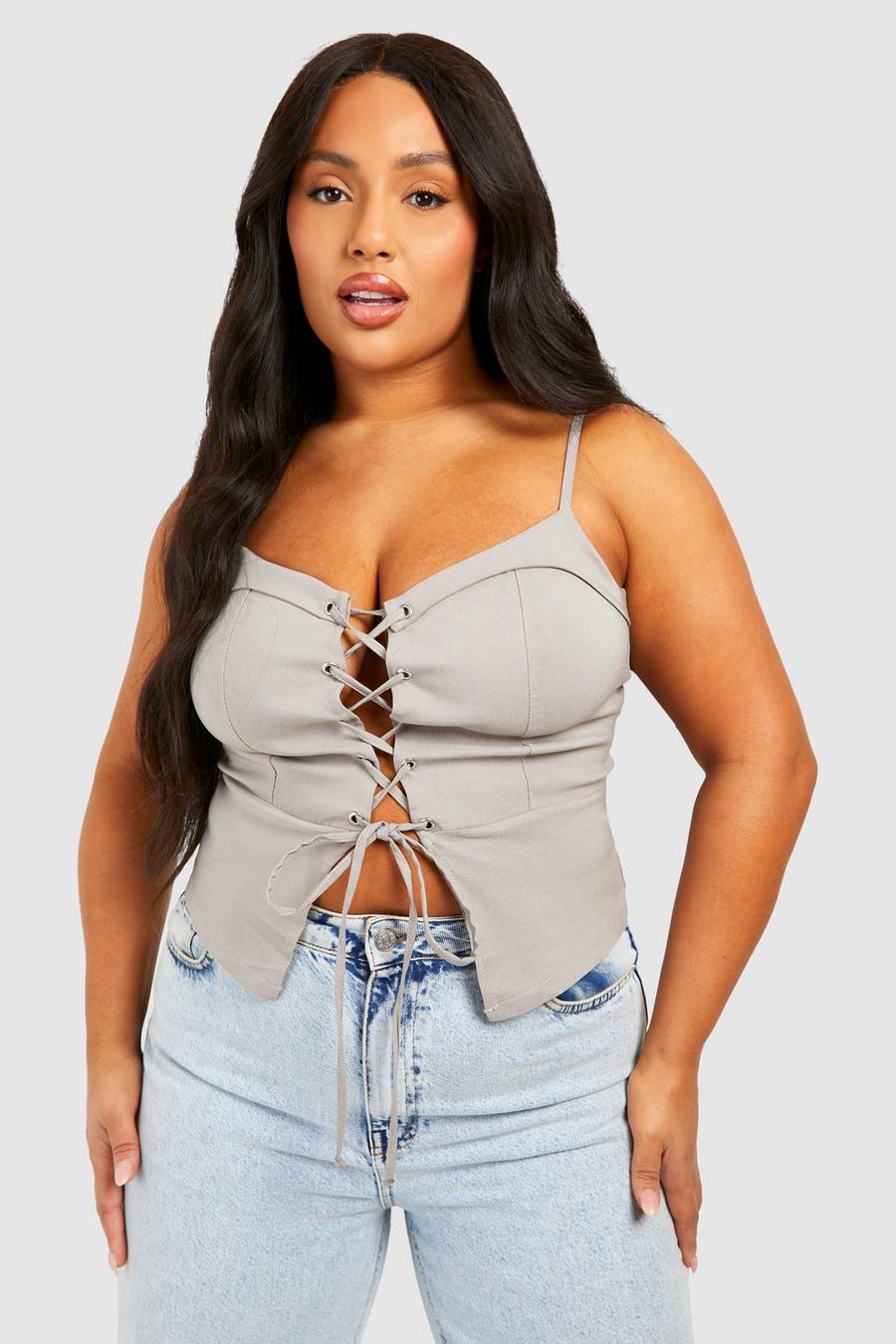 Plus Bengaline Lace Up Top, Taupe
