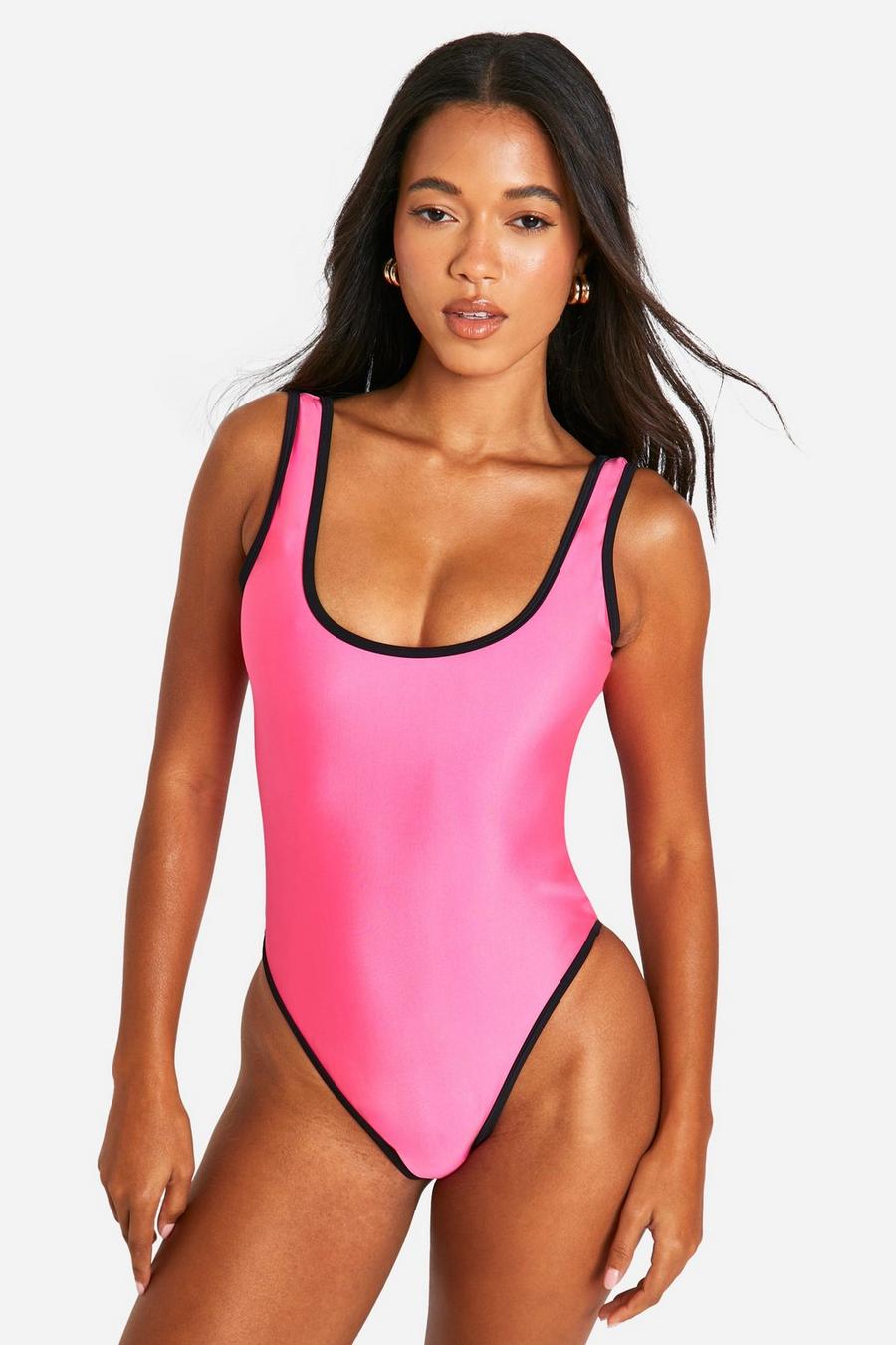Bañador con escote en U y unión en contraste, Hot pink image number 1