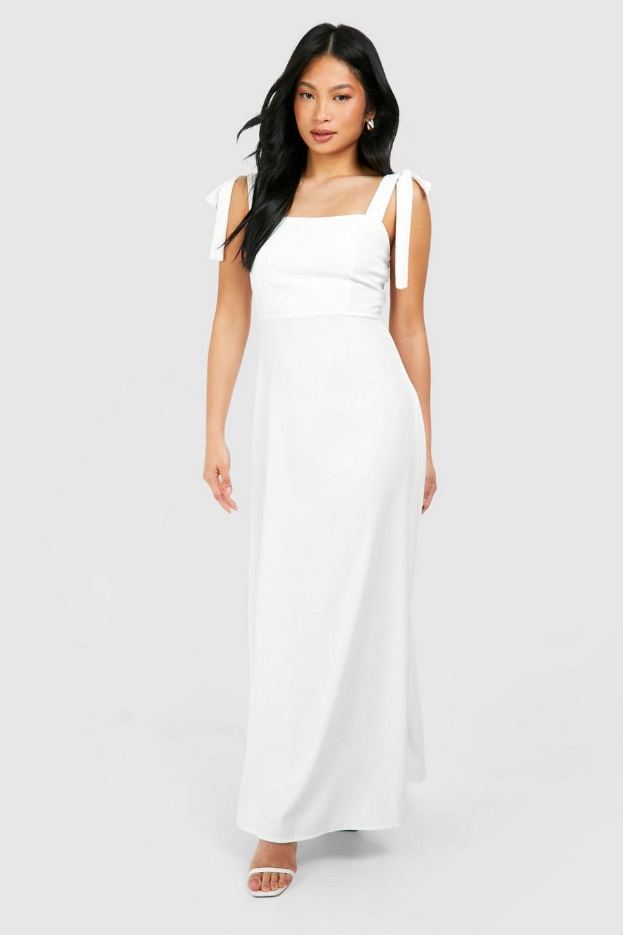 White Petite Tie Shoulder Satin Maxi Dress Length image number 1