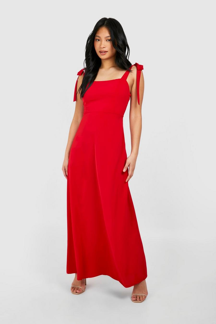 Red Petite Tie Shoulder Satin Maxi Dress  image number 1