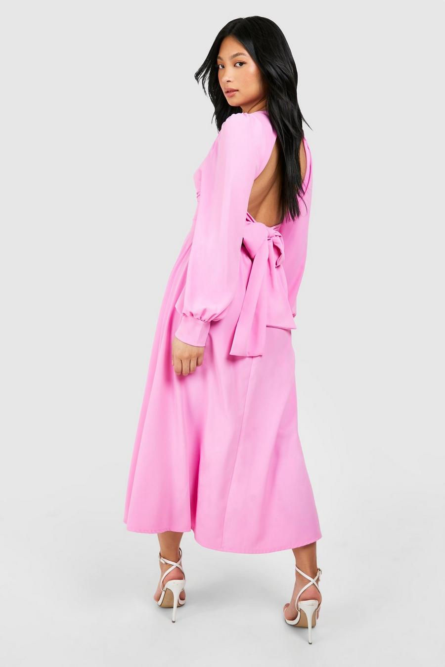 Pink Petite Tie Back Puff Sleeve Satin Midi Dress image number 1