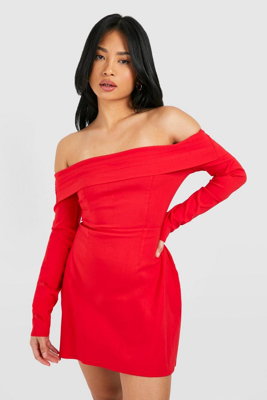 Red Petite Off The Shoulder Structured Tailored Mini Dress