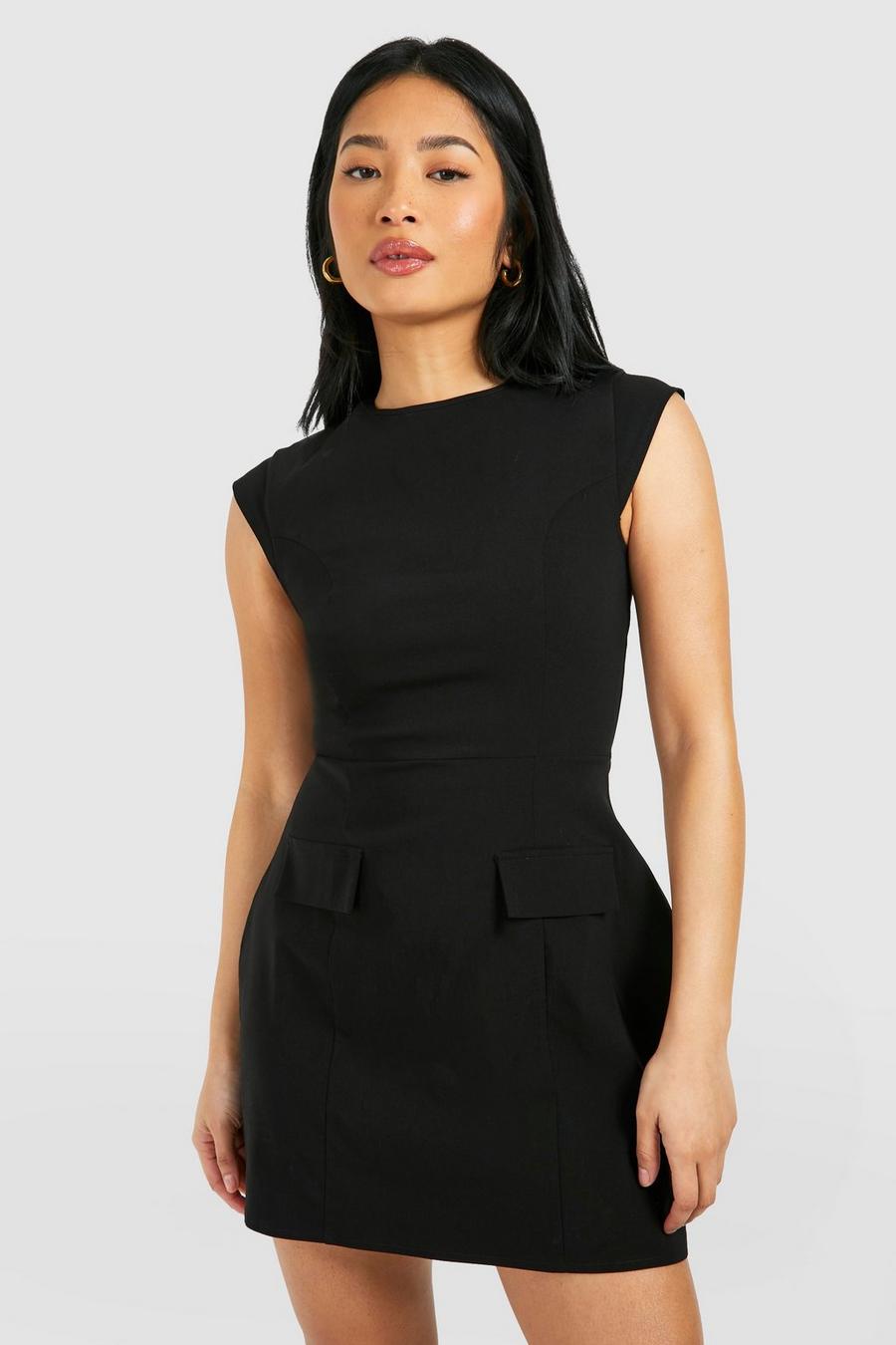 Black Petite Cap Sleeve Structured Tailored Mini Dress