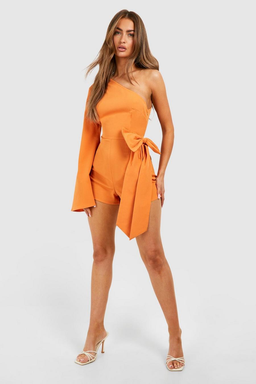 Orange Textured Asymmetric Bow Detail Romper