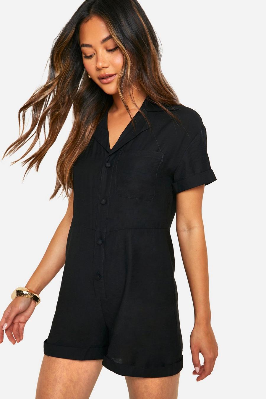Black Textured Linen Look Button Through Playsuit image number 1