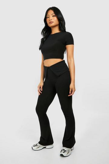 Petite Fold Waist Rib Flare Trouser black