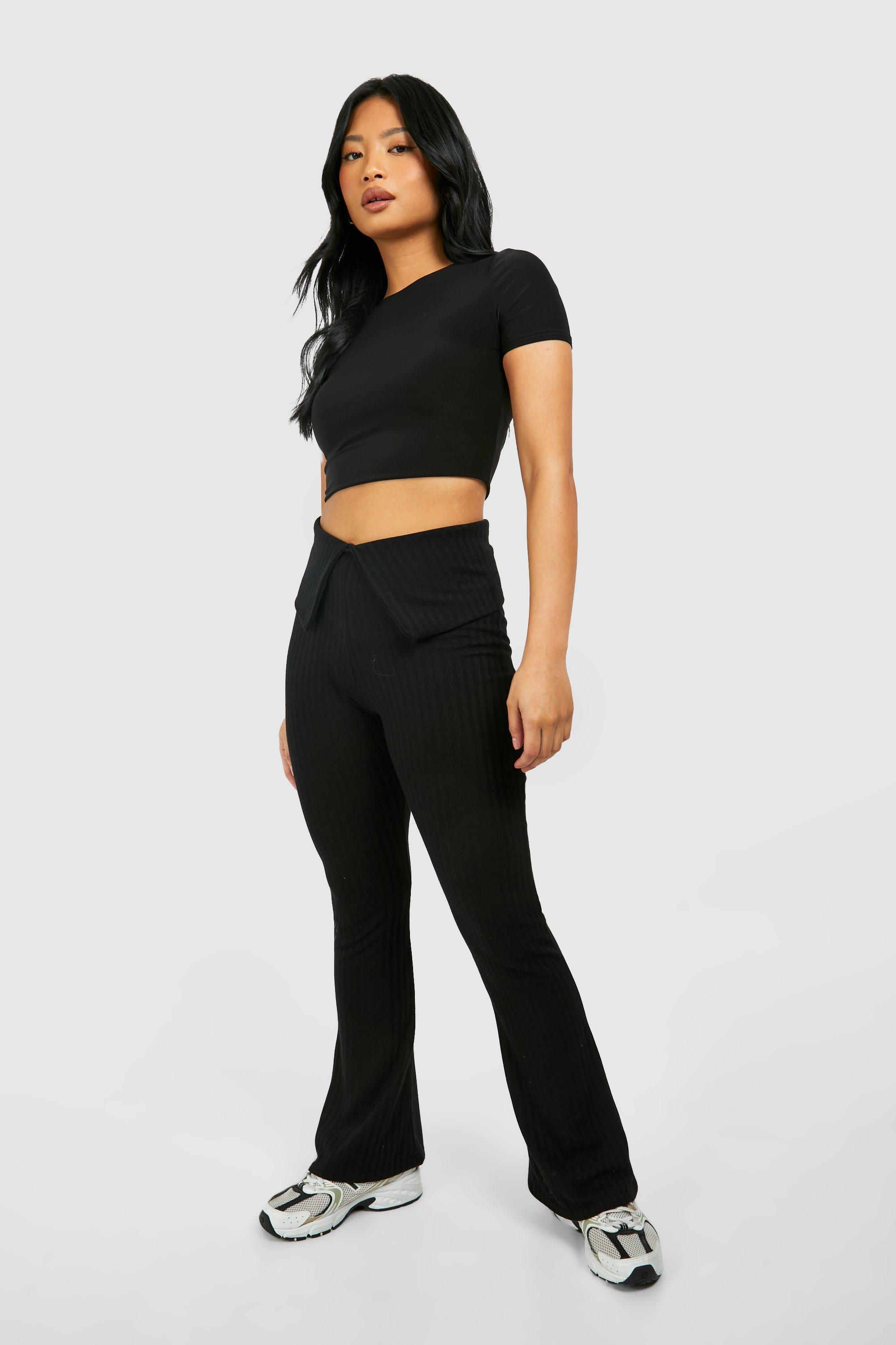 Petite Black Ribbed Flared Trousers