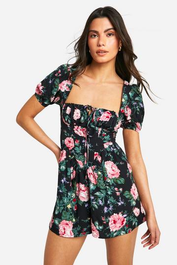 Floral Milkmaid Puff Playsuit black