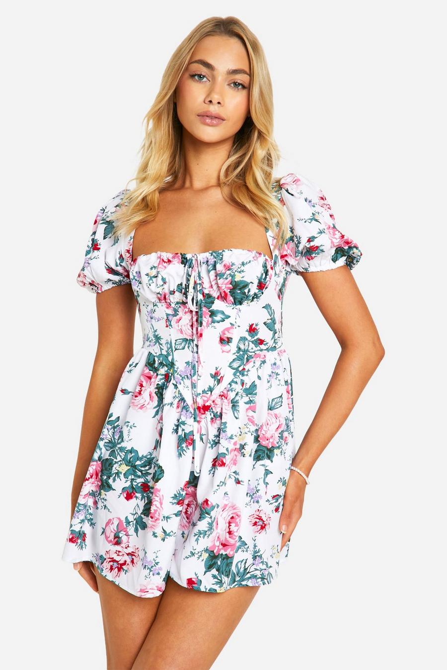 White Floral Milkmaid Puff Playsuit image number 1