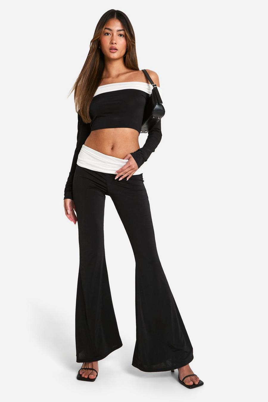 Black Foldover Contrast Waistband Flared Pants image number 1