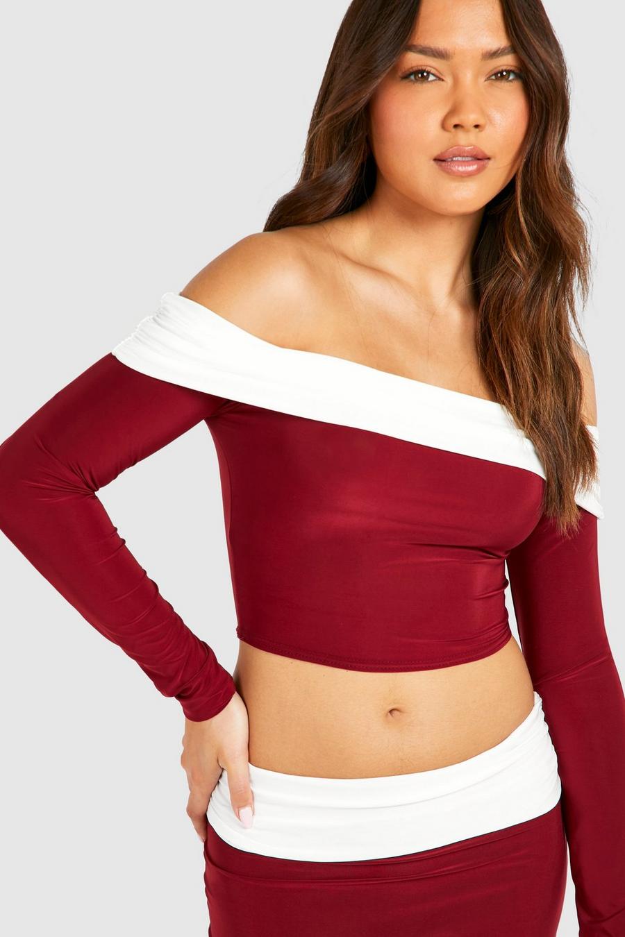 Cherry Contrast Foldover Bardot Top image number 1