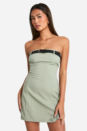 Sage Green Belt Detail Bandeau Mini Dress