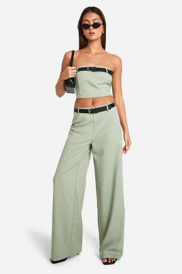 Sage Green Belt Detail Wide Leg Pants