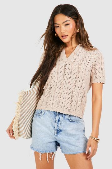 Polo Collar Crochet Boxy Knitted Top ecru