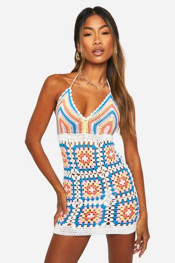 Premium Patchwork Rainbow Crochet Mini Dress ivory