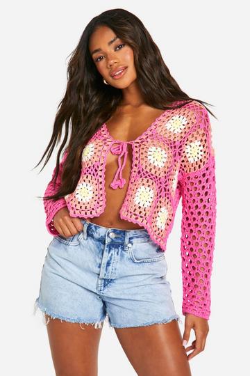 Premium Patchwork Crochet Lace Up Cardigan pink