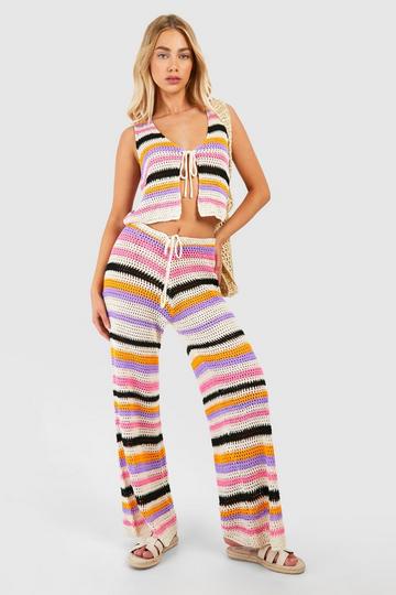 Stripe Crochet Waistcoat And Wide Leg Trouser Knitted Set pink