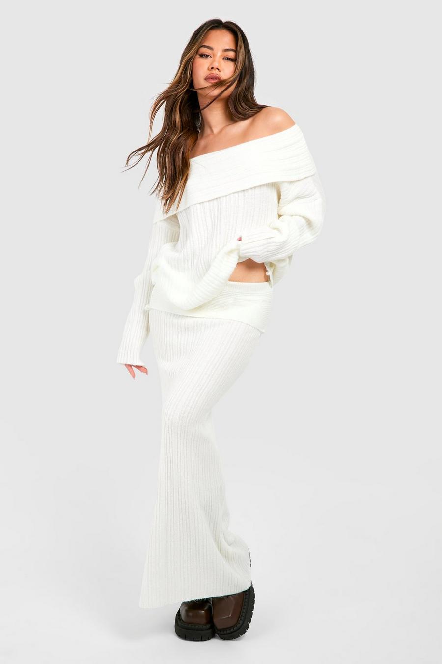 Ecru Off The Shoulder Jumper And Maxi Skirt Knitted Set  image number 1