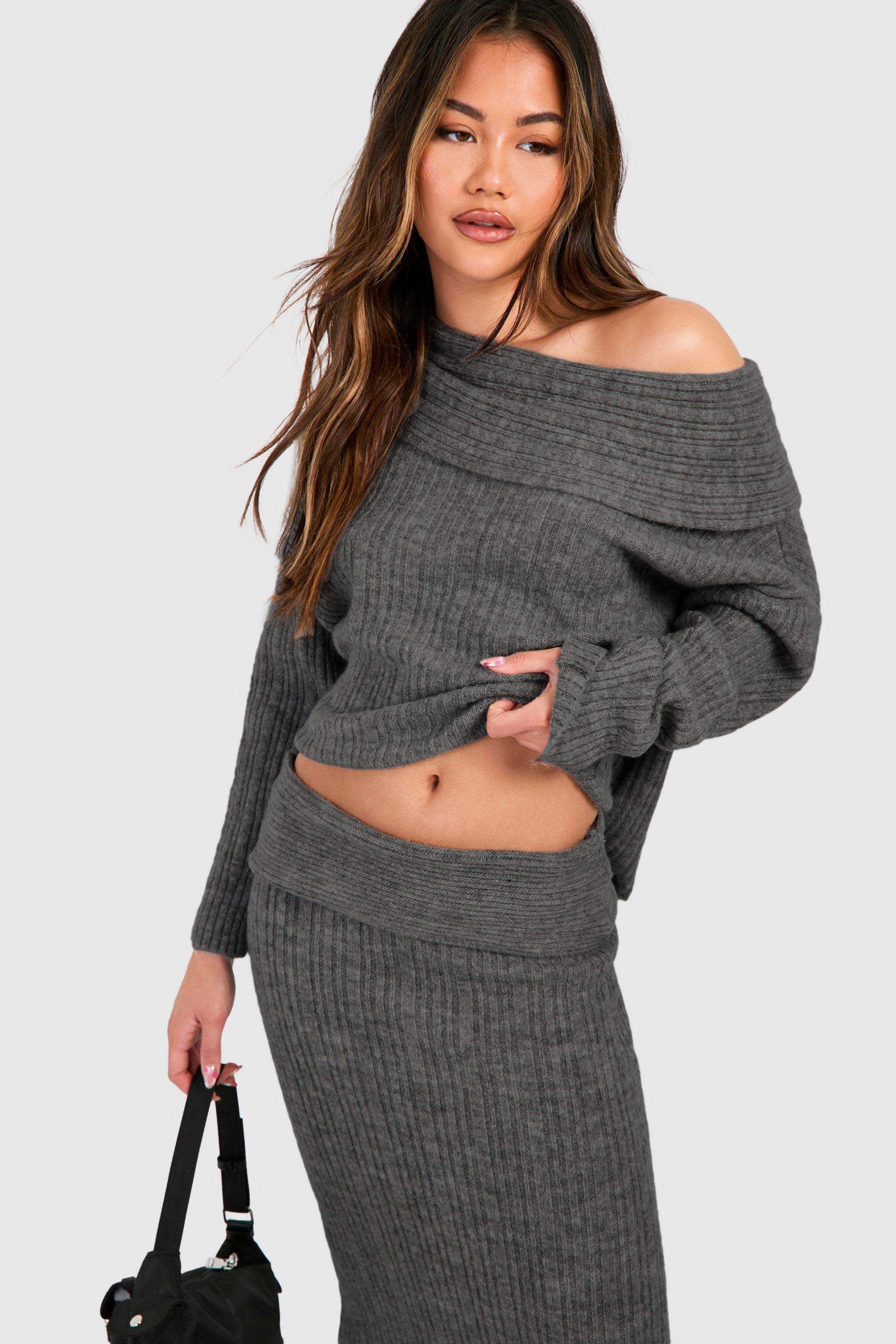 Women s Off The Shoulder Jumper And Maxi Skirt Knitted Set Boohoo UK