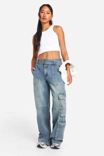 Vintage Wash Belted Straight Leg Cargo Jeans vintage wash