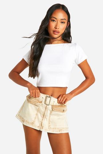 Belted Zip Through Patch Pocket Denim Micro Mini Skirt beige