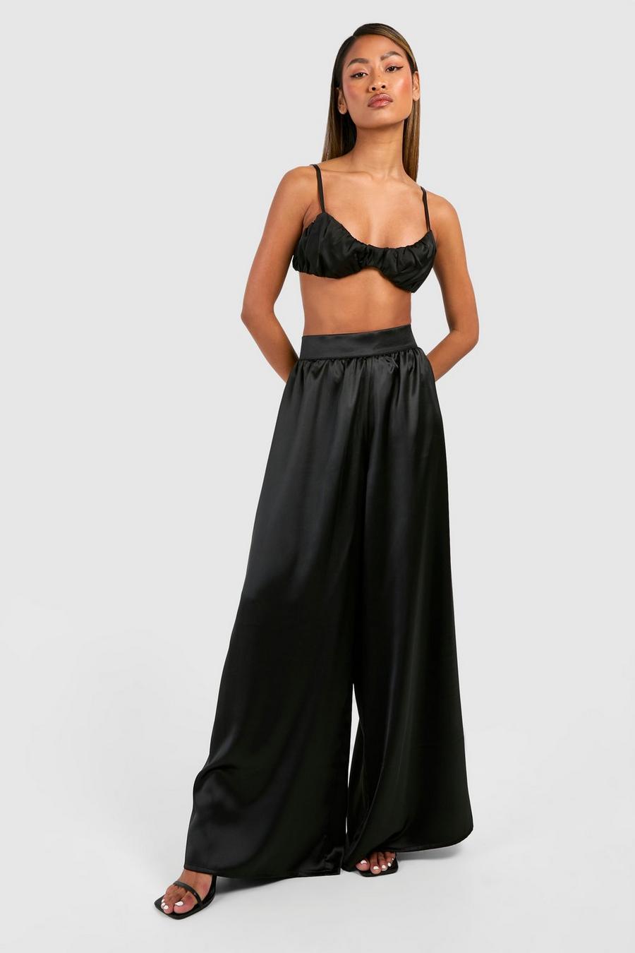 Black Thick Waistband Satin Floaty Wide Leg Pants image number 1
