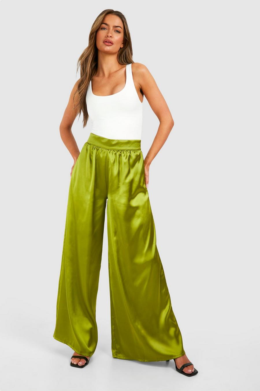 Olive Thick Waistband Satin Floaty Wide Leg Pants