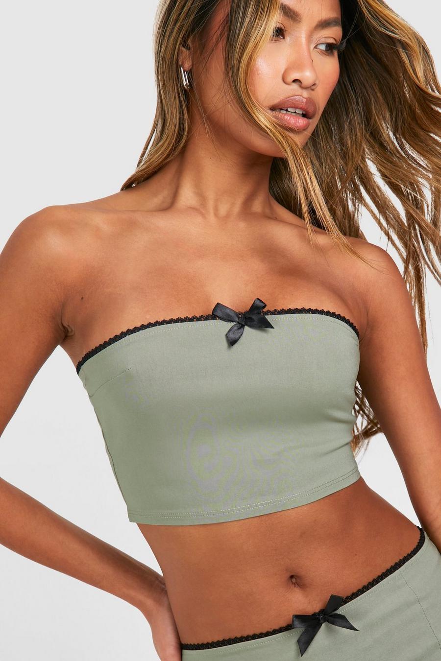 Top a fascia in bengalina con fiocco, Khaki image number 1