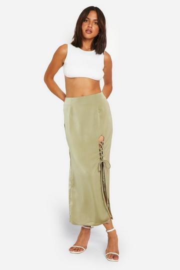 Satin Side Split Lace Up Midaxi Skirt olive