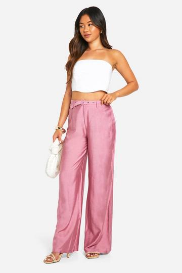 Pink Belted Linen Straight Leg Pants